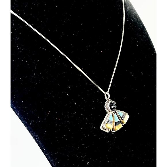 Vintage Navajo Sterling Silver Turquoise Onyx & Coral Pendant Necklace - 19” - Picture 3 of 16